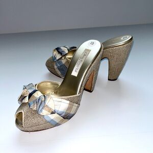 Olivia Rose Tal Peep‎ Toe Mule Pumps Block Heel Plaid Bow